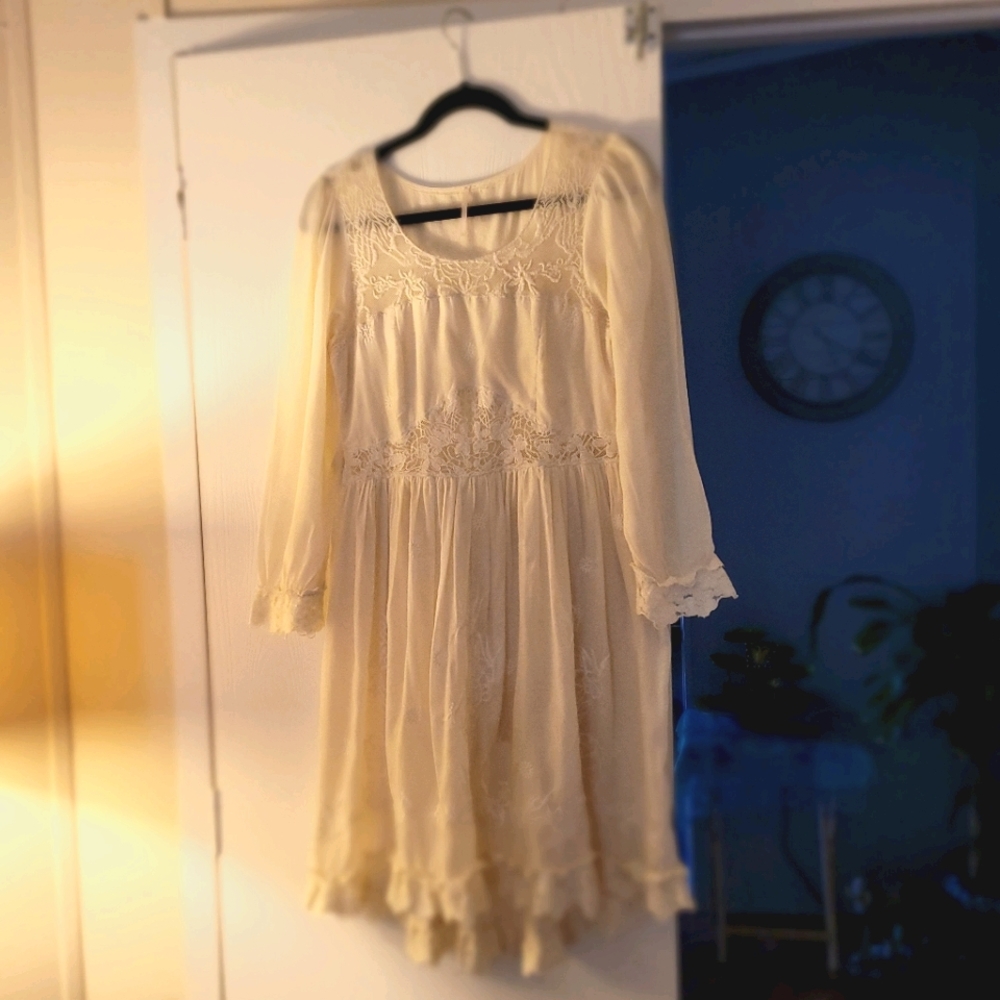 Free People Cream Victorian Long Sleeve Dress Midi  Romantic Coquette Embroidery